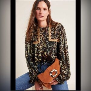 Anthropologie Blnk Miranda Joelle Blouse Long Sleeve‎ Camo Green Sz S